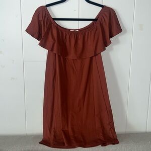 rust colored, off the shoulder, mini dress